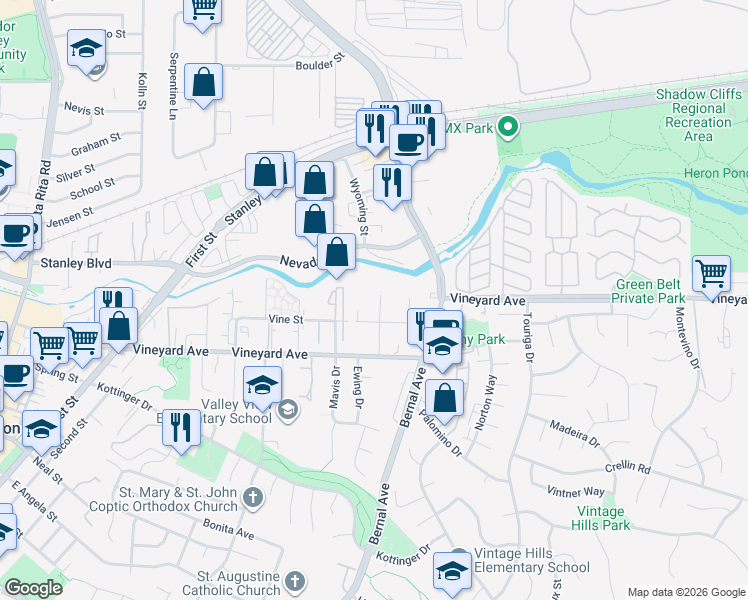 map of restaurants, bars, coffee shops, grocery stores, and more near 327 Linden Way in Pleasanton
