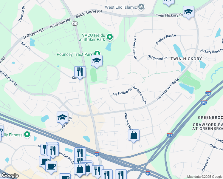 map of restaurants, bars, coffee shops, grocery stores, and more near 12104 Turning Branch Circle in Glen Allen