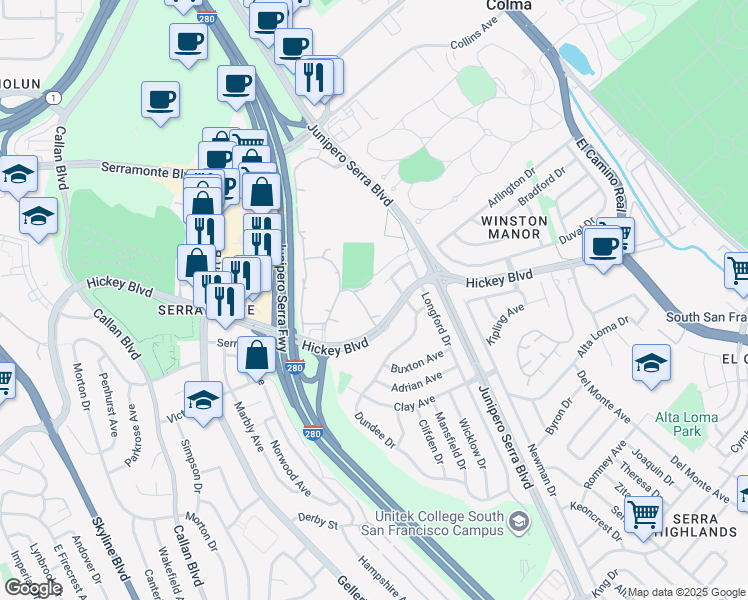 map of restaurants, bars, coffee shops, grocery stores, and more near 377 Mandarin Drive in Daly City