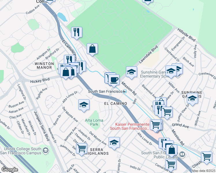map of restaurants, bars, coffee shops, grocery stores, and more near 301 McLellan Drive in South San Francisco