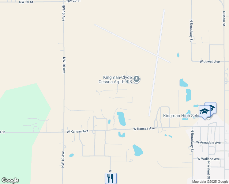 map of restaurants, bars, coffee shops, grocery stores, and more near 1101-1299 West Hoover Road in Kingman