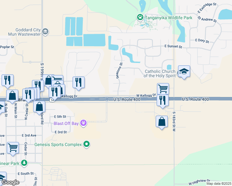 map of restaurants, bars, coffee shops, grocery stores, and more near 805 Sunrise Court in Goddard