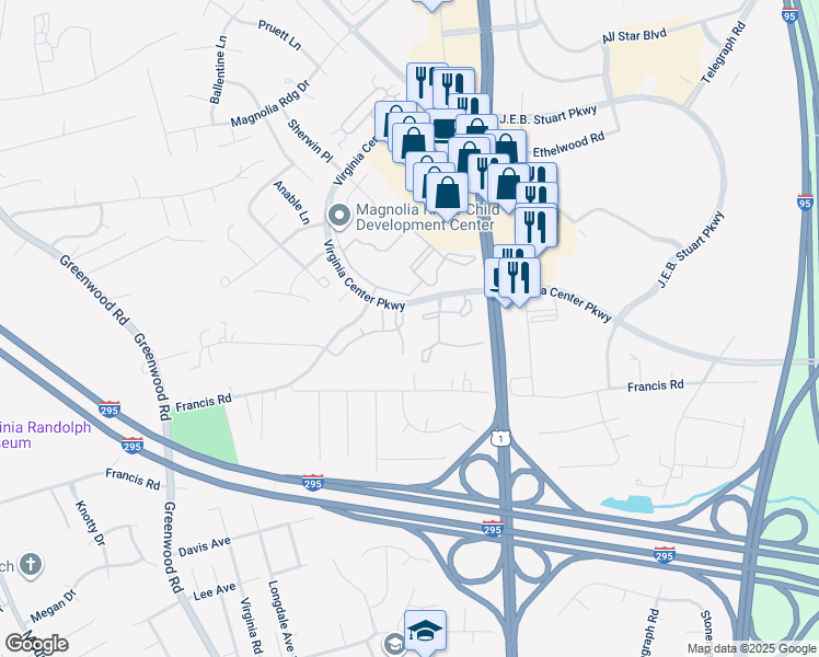 map of restaurants, bars, coffee shops, grocery stores, and more near 1117 Magnolia Pointe Boulevard in Glen Allen