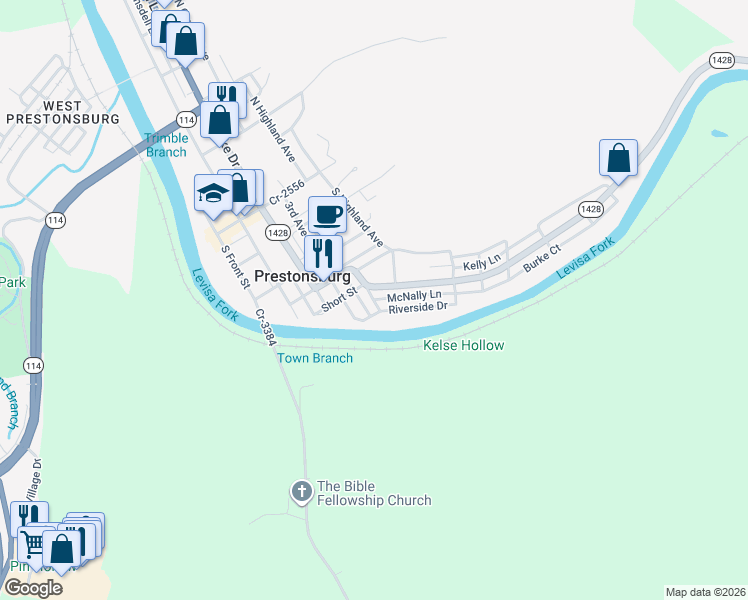 map of restaurants, bars, coffee shops, grocery stores, and more near 744 McNally Lane in Prestonsburg