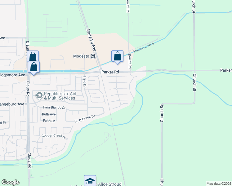 map of restaurants, bars, coffee shops, grocery stores, and more near 4617 Vía Terreno in Modesto