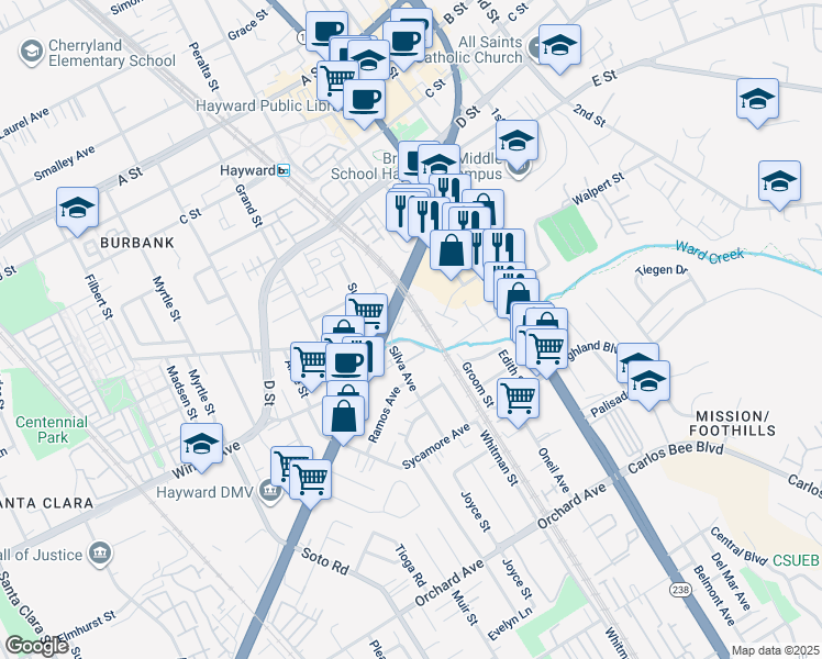 map of restaurants, bars, coffee shops, grocery stores, and more near 653 East Jackson Street in Hayward