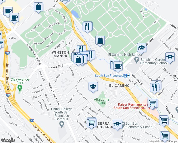 map of restaurants, bars, coffee shops, grocery stores, and more near 866 Camaritas Circle in South San Francisco