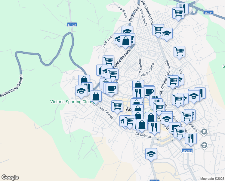 map of restaurants, bars, coffee shops, grocery stores, and more near 4 Via Catena in Adrano