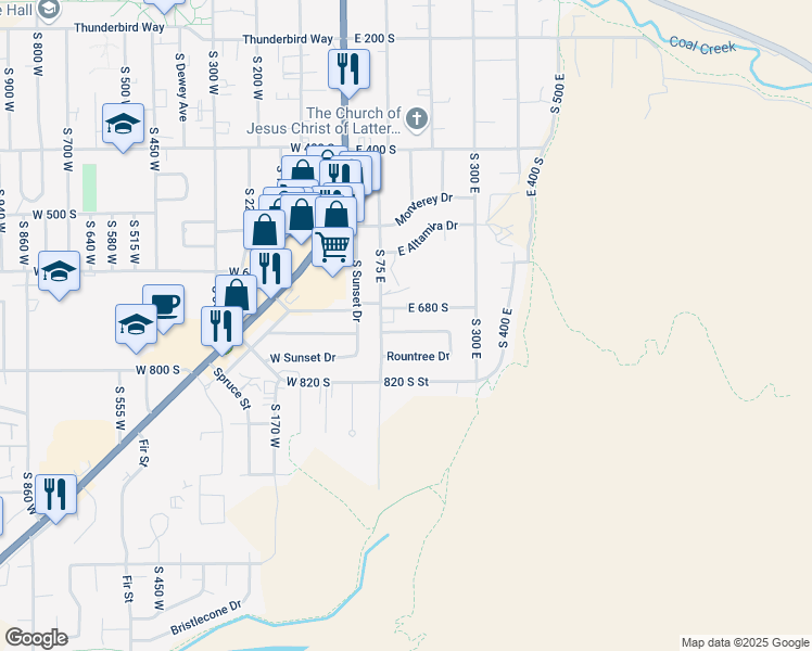 map of restaurants, bars, coffee shops, grocery stores, and more near 109 Rountree Drive in Cedar City