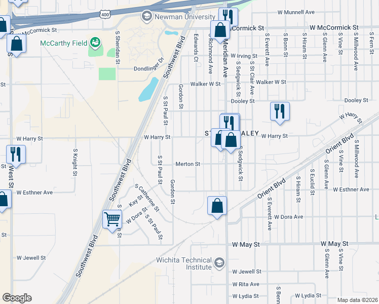 map of restaurants, bars, coffee shops, grocery stores, and more near 1631 South Edwards Avenue in Wichita