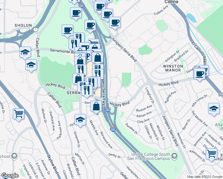map of restaurants, bars, coffee shops, grocery stores, and more near 381 Half Moon Lane in Daly City
