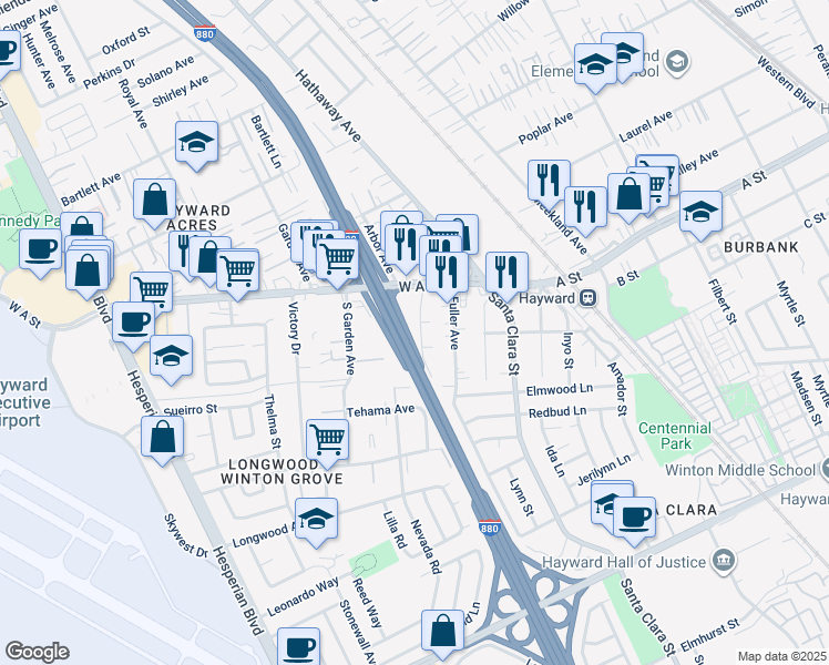 map of restaurants, bars, coffee shops, grocery stores, and more near 22373 Happyland Avenue in Hayward