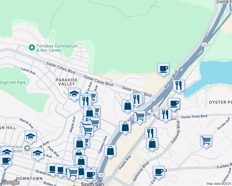 map of restaurants, bars, coffee shops, grocery stores, and more near 162 Pecks Lane in South San Francisco