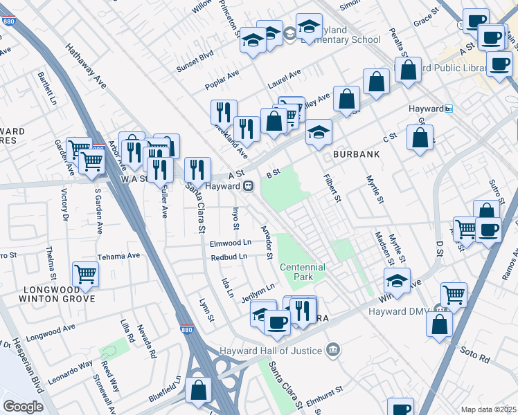 map of restaurants, bars, coffee shops, grocery stores, and more near 900 Old Oak Lane in Hayward