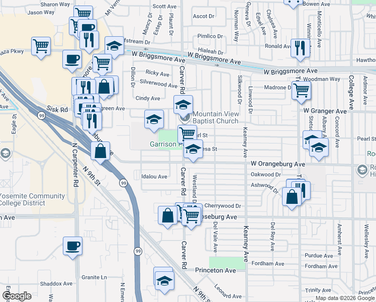 map of restaurants, bars, coffee shops, grocery stores, and more near 1416 Carver Road in Modesto