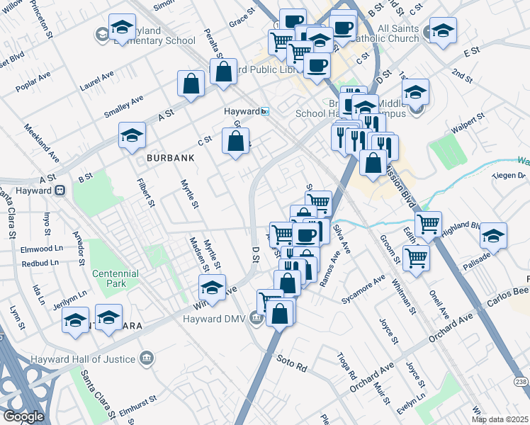map of restaurants, bars, coffee shops, grocery stores, and more near 22915 Grand Street in Hayward