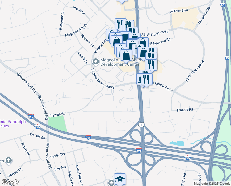 map of restaurants, bars, coffee shops, grocery stores, and more near 1115 Magnolia Pointe Boulevard in Glen Allen