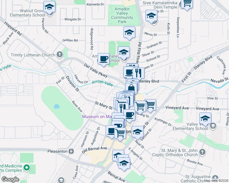map of restaurants, bars, coffee shops, grocery stores, and more near 551 Saint John Street in Pleasanton