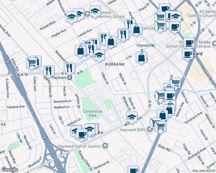 map of restaurants, bars, coffee shops, grocery stores, and more near 213 Burbank Street in Hayward