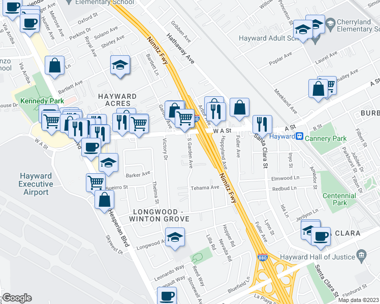 map of restaurants, bars, coffee shops, grocery stores, and more near 22189 South Garden Avenue in Hayward