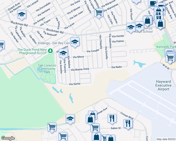 map of restaurants, bars, coffee shops, grocery stores, and more near 1666 Via Buena Vista in San Lorenzo