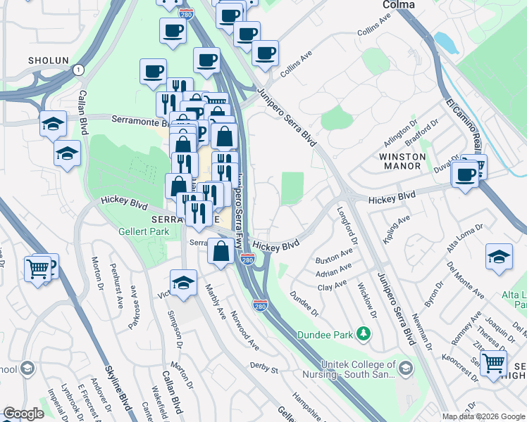 map of restaurants, bars, coffee shops, grocery stores, and more near 373 Half Moon Lane in Daly City