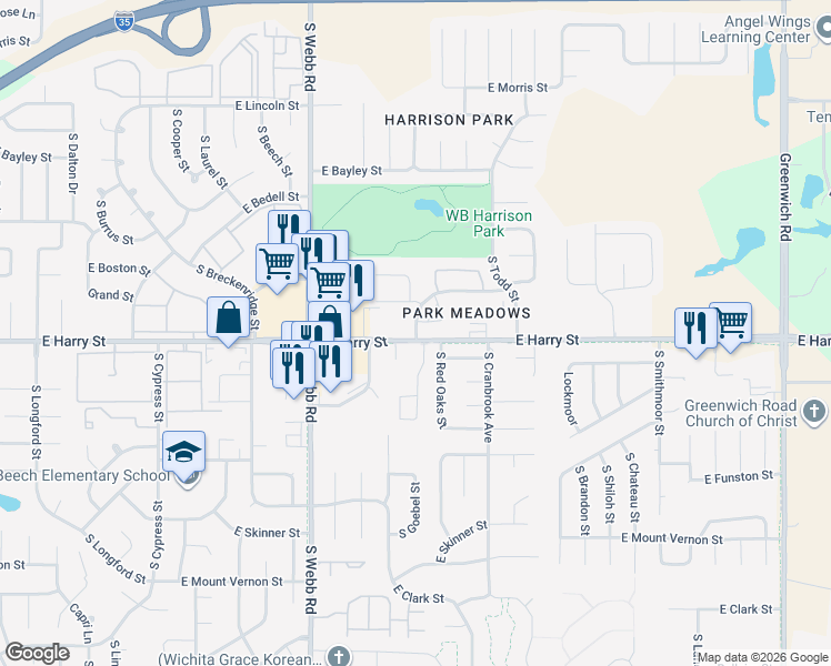 map of restaurants, bars, coffee shops, grocery stores, and more near 9916 East Harry Street in Wichita