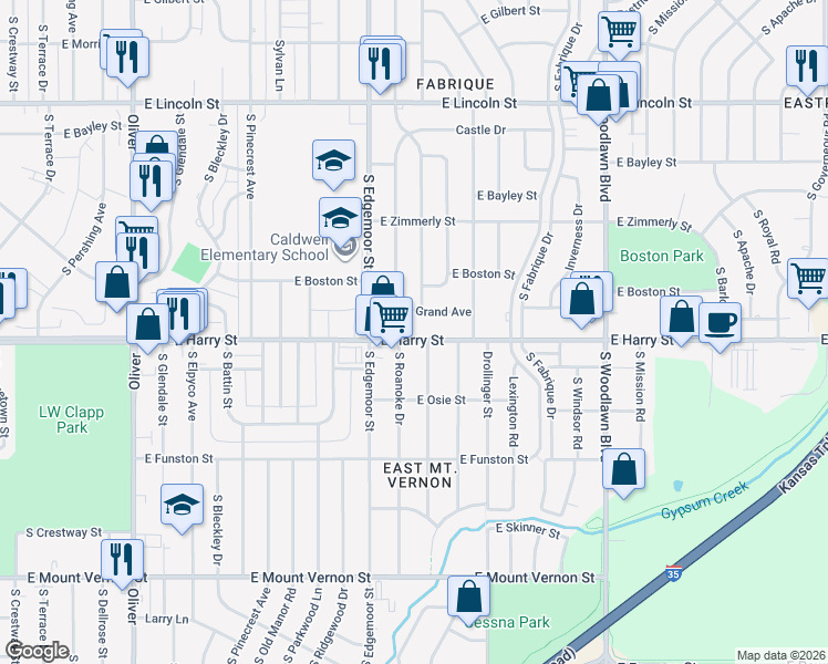map of restaurants, bars, coffee shops, grocery stores, and more near 5732 East Harry Street in Wichita