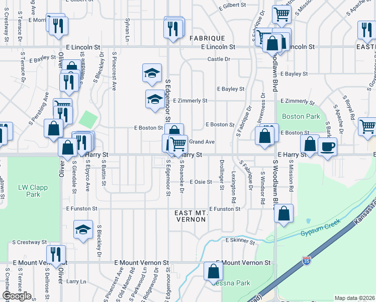 map of restaurants, bars, coffee shops, grocery stores, and more near 5732 East Harry Street in Wichita