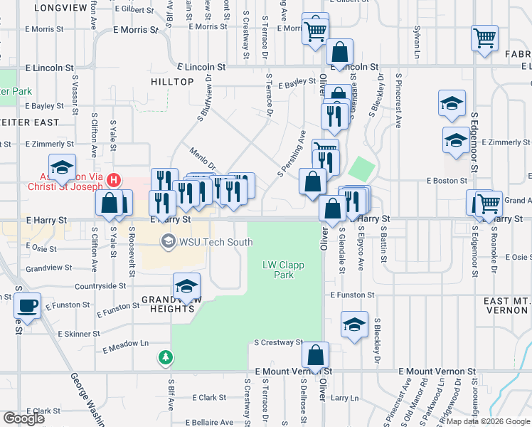 map of restaurants, bars, coffee shops, grocery stores, and more near 1520-1598 S Pershing St in Wichita