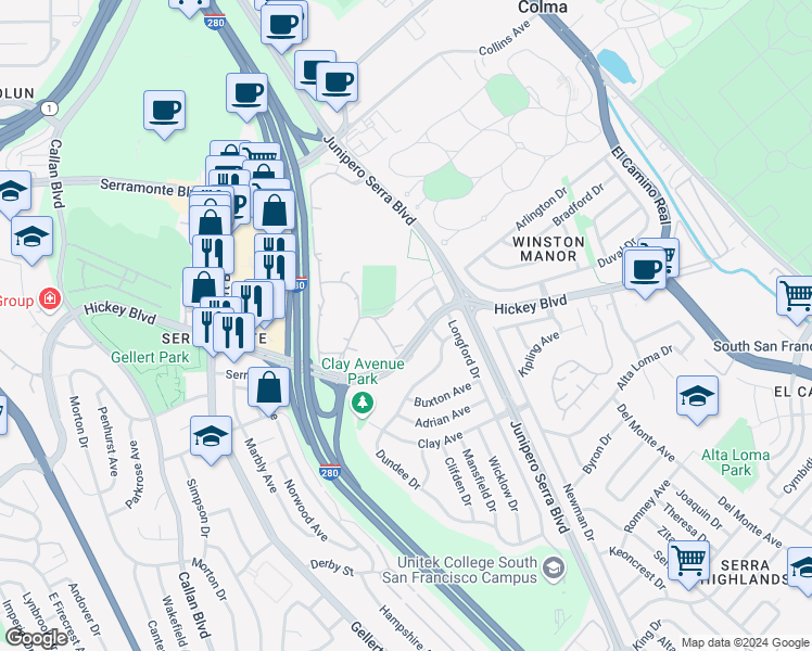 map of restaurants, bars, coffee shops, grocery stores, and more near 375 Mandarin Drive in Daly City