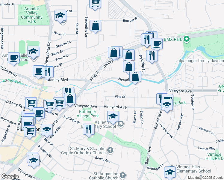 map of restaurants, bars, coffee shops, grocery stores, and more near 3839 Vineyard Avenue in Pleasanton