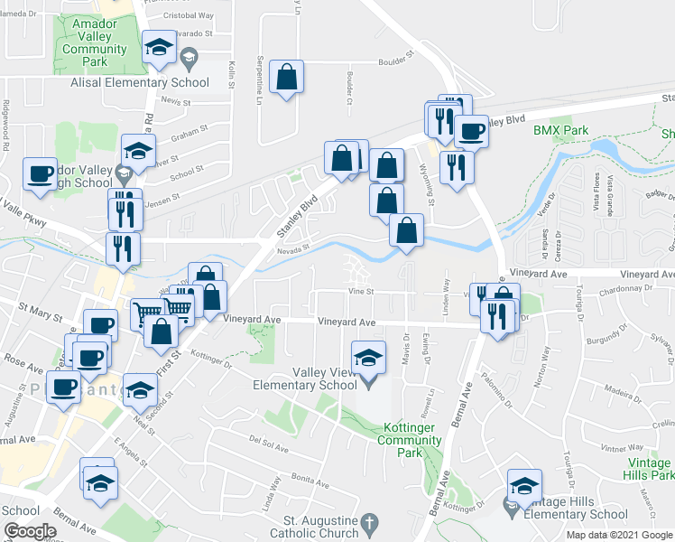 map of restaurants, bars, coffee shops, grocery stores, and more near 3841 Vineyard Avenue in Pleasanton