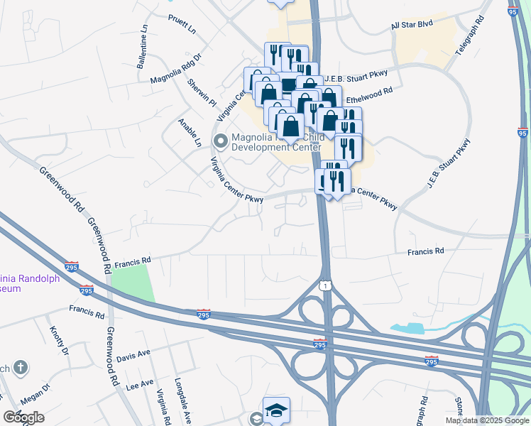 map of restaurants, bars, coffee shops, grocery stores, and more near 1115 Magnolia Pointe Boulevard in Glen Allen