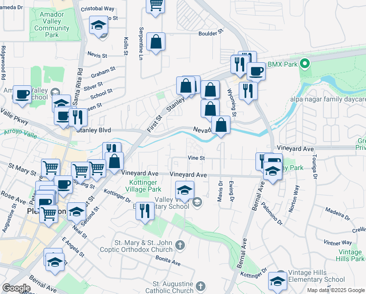 map of restaurants, bars, coffee shops, grocery stores, and more near 3839 Vineyard Avenue in Pleasanton