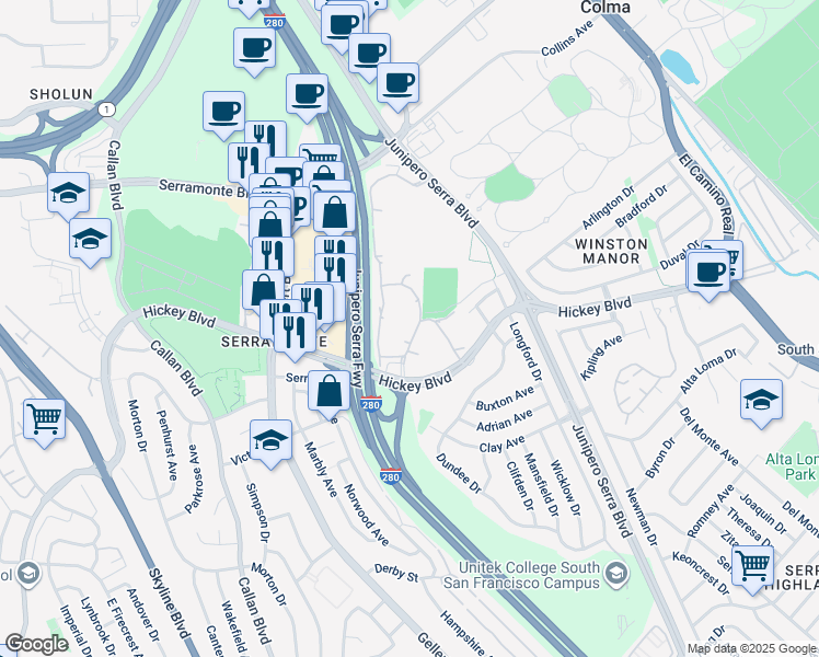 map of restaurants, bars, coffee shops, grocery stores, and more near 376 Imperial Way in Daly City