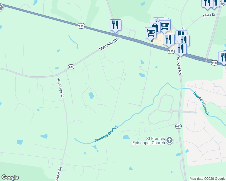 map of restaurants, bars, coffee shops, grocery stores, and more near 1490 Camberley Drive in Manakin-Sabot