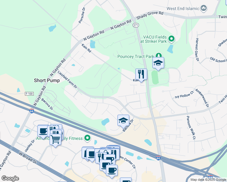map of restaurants, bars, coffee shops, grocery stores, and more near 12139 Kain Road in Glen Allen