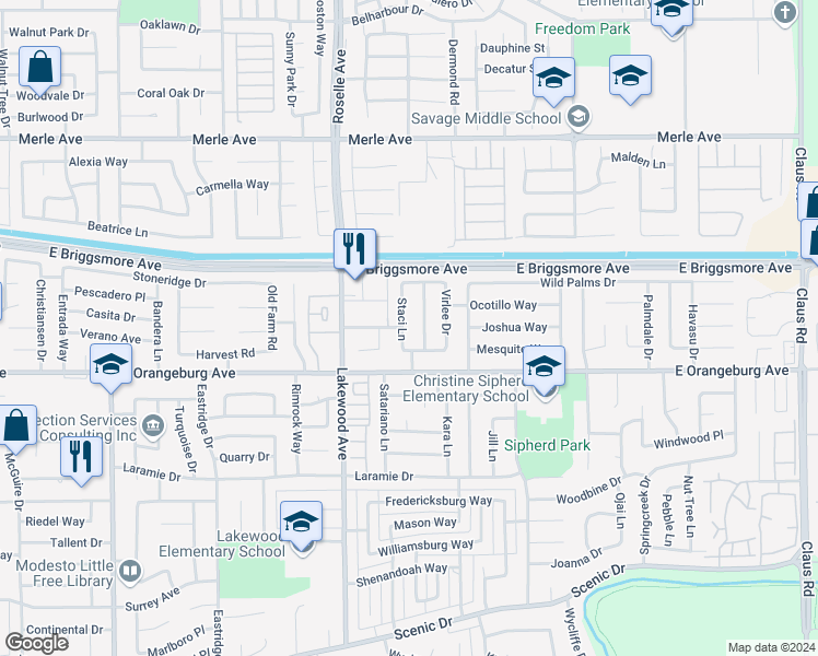 map of restaurants, bars, coffee shops, grocery stores, and more near 1424 Staci Lane in Modesto