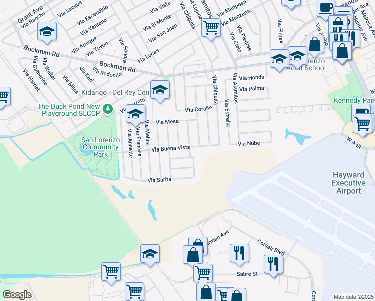 map of restaurants, bars, coffee shops, grocery stores, and more near 1666 Via Buena Vista in San Lorenzo