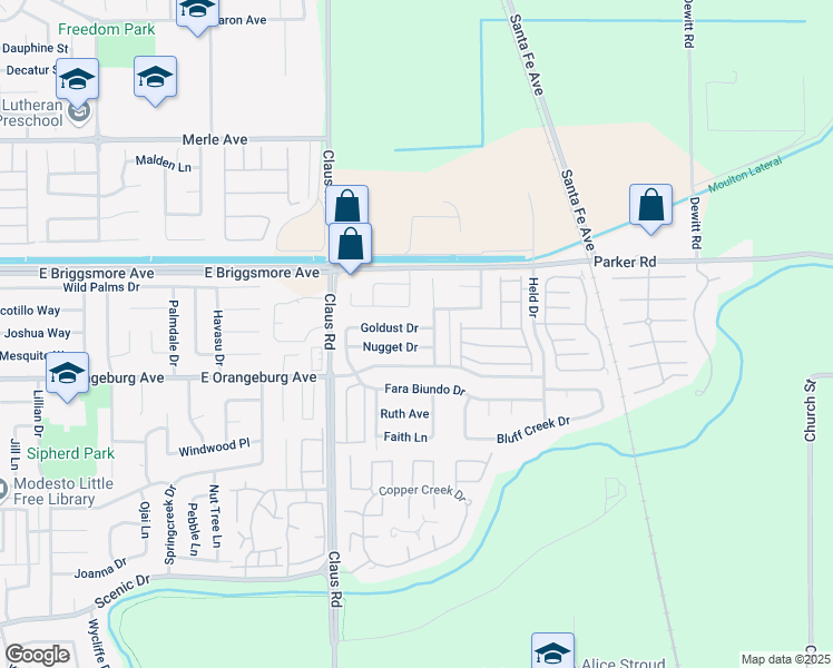 map of restaurants, bars, coffee shops, grocery stores, and more near 4140 Goldust Drive in Modesto