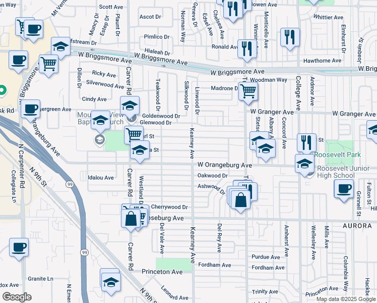 map of restaurants, bars, coffee shops, grocery stores, and more near 1500 Teresa Street in Modesto