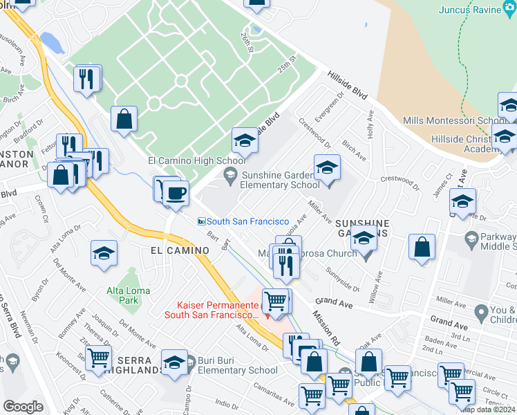 map of restaurants, bars, coffee shops, grocery stores, and more near 248 Ferndale Avenue in South San Francisco