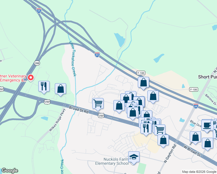 map of restaurants, bars, coffee shops, grocery stores, and more near 4343a Saunders Station Lane in Henrico