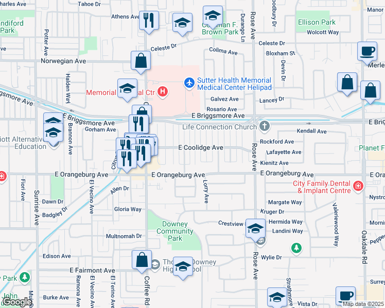 map of restaurants, bars, coffee shops, grocery stores, and more near 1445 Kent Way in Modesto