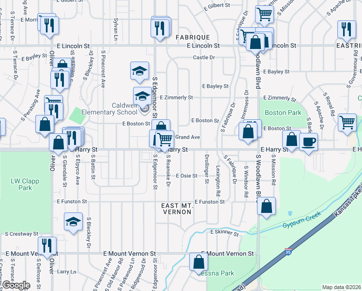 map of restaurants, bars, coffee shops, grocery stores, and more near 5732 East Harry Street in Wichita
