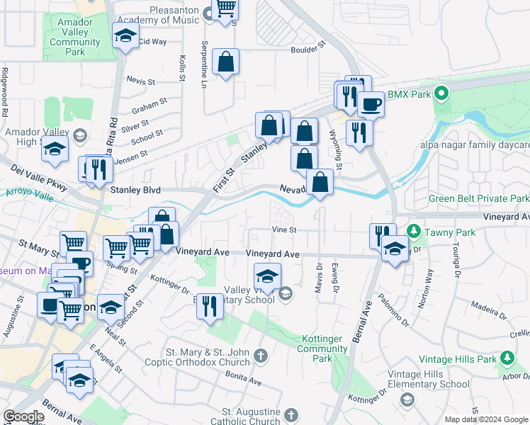 map of restaurants, bars, coffee shops, grocery stores, and more near 3843 Vineyard Avenue in Pleasanton
