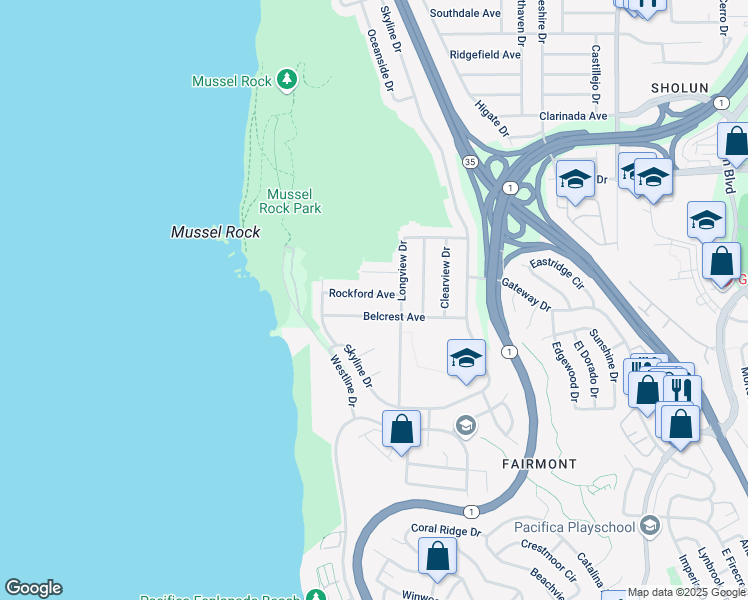 map of restaurants, bars, coffee shops, grocery stores, and more near 9 Rockford Avenue in Daly City