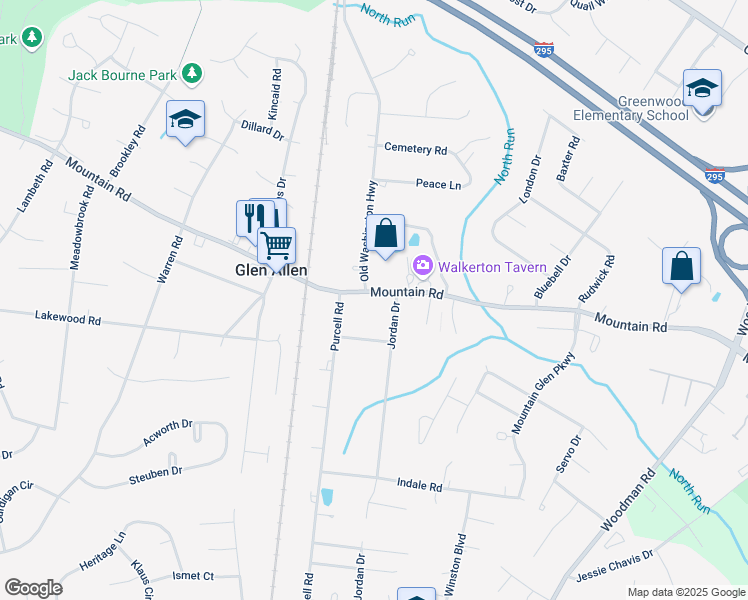map of restaurants, bars, coffee shops, grocery stores, and more near 2925 Mountain Road in Glen Allen