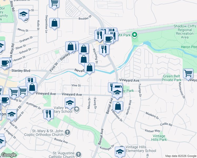 map of restaurants, bars, coffee shops, grocery stores, and more near 327 Linden Way in Pleasanton
